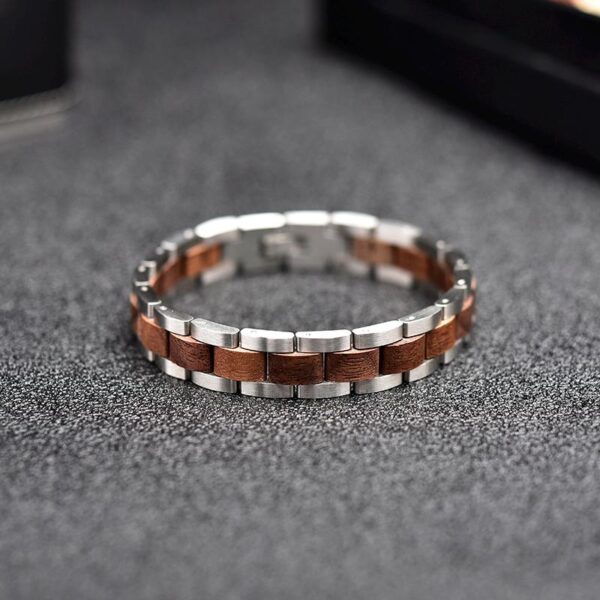 Bracciale uomo in legno di noce e acciaio argento, Natural Silver regolabile