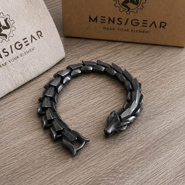 Bracciale uomo drago in acciaio invecchiato, maglie gotiche Dragonheart