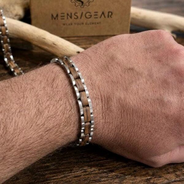 Bracciale uomo sottile in legno e acciaio, Binomio Slim 9 mm regolabile