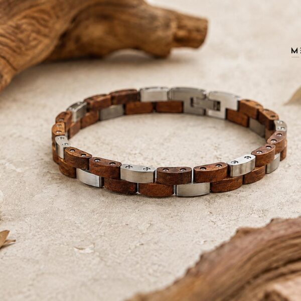 Bracciale uomo in legno naturale e acciaio inox, maglie regolabili